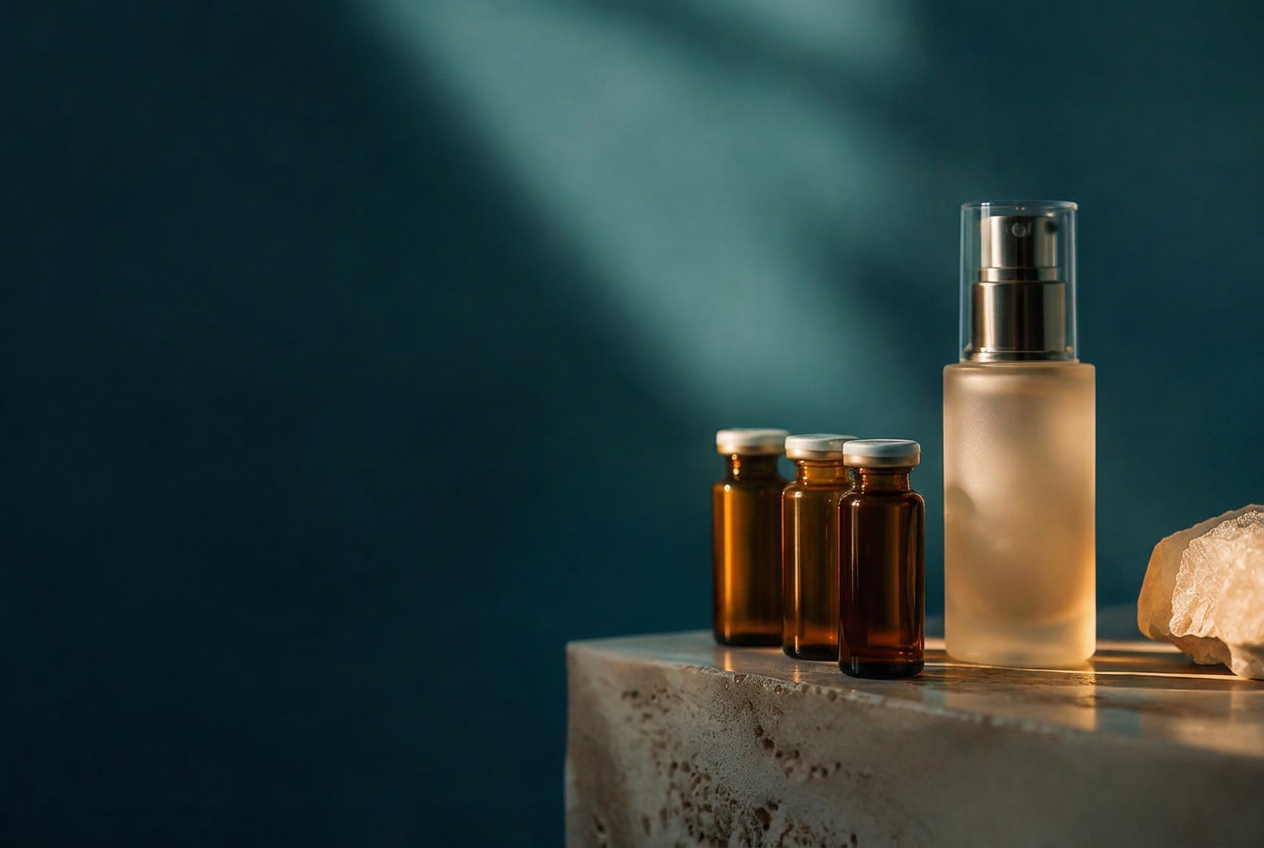Amber vials and serum bottle on stone