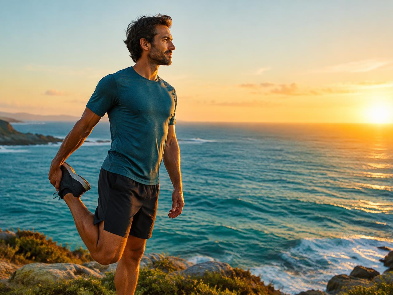 Man stretching by the ocean at sunrise